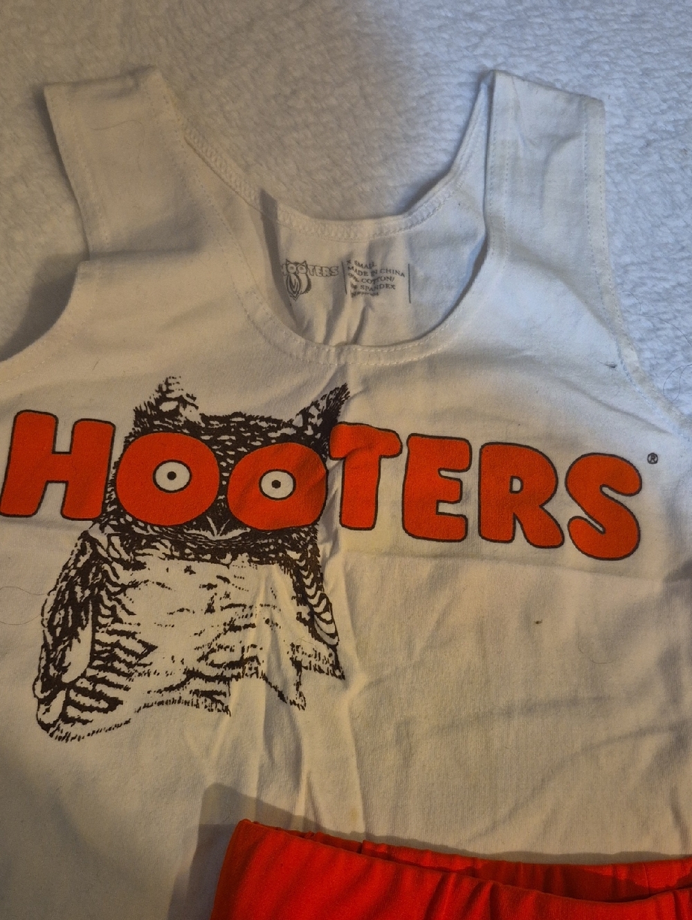 Hooters White Tank with Bright Orange Logo and Orange Athletic Shorts